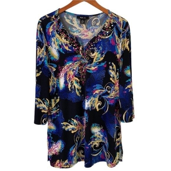 Style & Co Beaded Tunic Top Multicolored Leaves Print 3/4 Sleeve V-Neck Stretchy - Picture 7 of 16